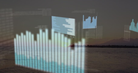 Poster - Displaying translucent bar chart overlay hovering above lake at dusk, with data panels, grid lines