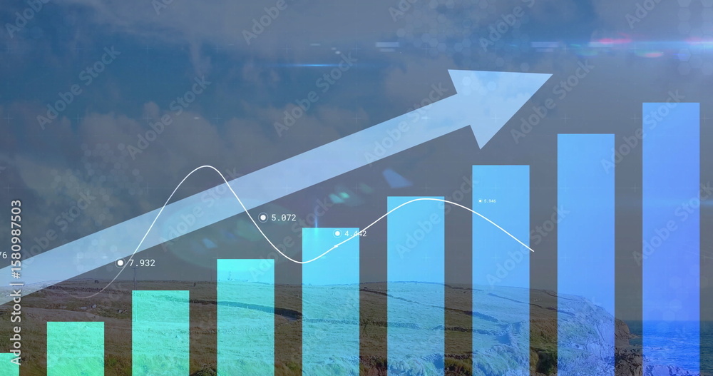 Displaying translucent chart bars rising on grassy hillside, with white ...