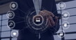 © vectorfusionart - Tapping smartphone businessman projecting interface near office windows, showing laptop plus icons