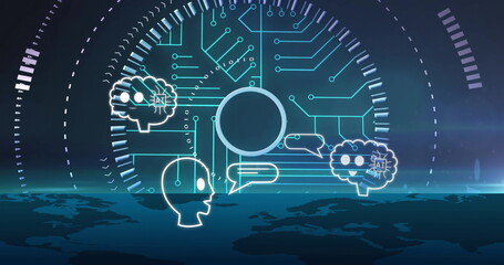 Aufkleber - Displaying circuit board motif over virtual world map, with head, AI brain, speech and HUD arcs