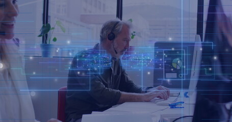 Poster - Typing mature man wearing headset at desk with keyboard in open-plan office, with network graphics