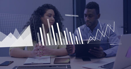 Poster - Analysts analyzing data overlay in business attire at office conference desk with laptop and tablet