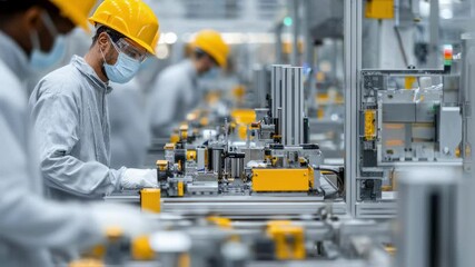 Poster - Closeup of skilled technicians monitoring advanced machinery on an electric vehicle battery production line emphasizing the human element in cuttingedge manufacturing processes that