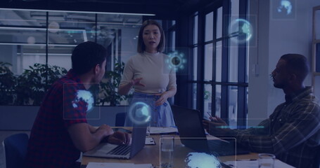 Poster - Leading discussion professional woman presenting holographic display in office meeting with laptops