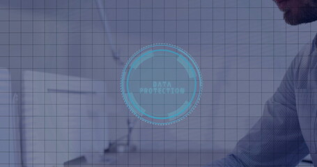 Poster - Displaying interface labeled DATA PROTECTION hovering over office desk with computer monitor