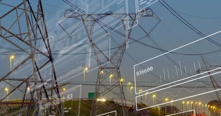 Poster - Showing central steel lattice tower sending power over multi-lane highway, with digital overlay