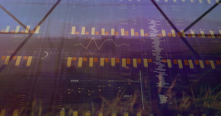 Poster - Overlaying financial charts on greenhouse structure, with yellow orange bars, line graphs and axes