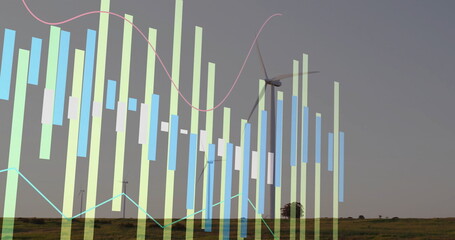 Poster - Showing wind turbine tower rotating on grassland, with vertical bars and line graphs, copy space