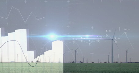 Poster - Displaying rotating white wind turbines at wind farm, with data overlays and blue lens flare