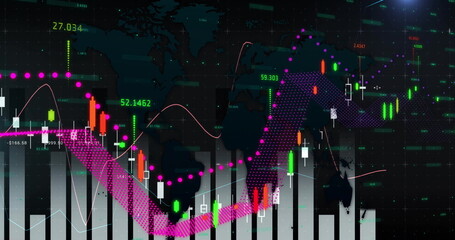 Poster - Displaying bar and line graphs visualizing trends at dashboard, with neon labels on world map grid