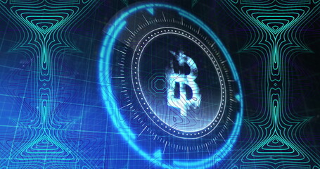 Poster - Rotating glowing Bitcoin symbol in digital interface with radial ticks, overlaying neon blue grid