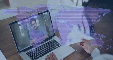 Poster - Showing remote business discussion on laptop screen at desk, with envelope and map overlay