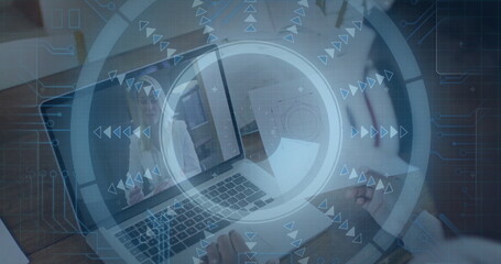 Poster - Man taking notes in notebook at desk, laptop displaying meeting with interface graphics overlaying