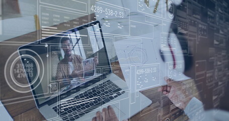 Poster - Joining meeting man wearing white headphones typing at wooden desk with laptop UI, copy space