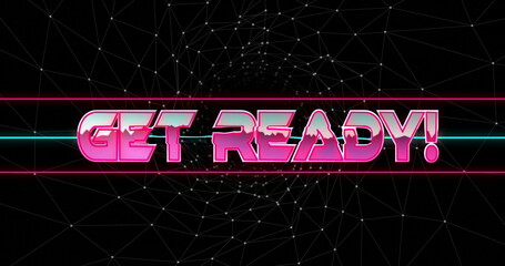 Poster - Glowing neon pink and cyan 3D text standing out in dark cyber environment, with neon bars