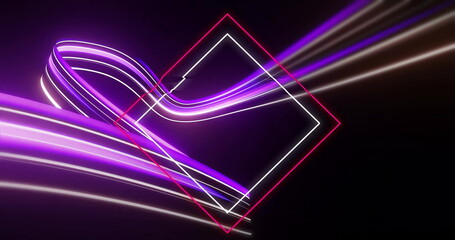 Poster - Flowing glowing neon light streams weaving around white-lined pink-outlined neon diamond in void