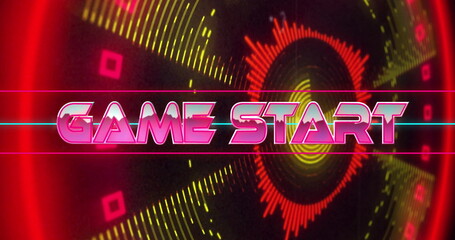 Poster - Illuminating retro-futuristic neon GAME START text on virtual game interface, with waveform visuals
