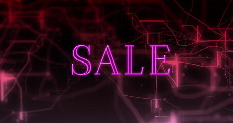 Poster - Glowing neon text SALE shining on dark gradient background, with red pink network visuals