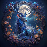 fantastico cervo dalle corna intricate con luna piena sullo sfondo e fronde di foglie colorate, fantastic deer with intricate antlers with a full moon in the background and colorful foliage