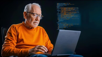 Poster - Elderly man wearing glasses and orange sweater focused on laptop coding with digital programming code floating on dark background