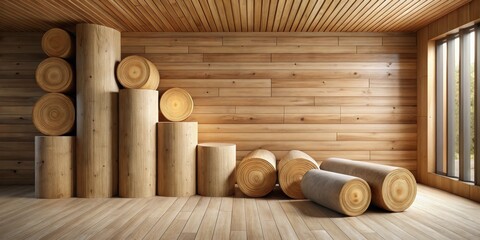 Poster - Wooden Cylinders and Logs Arranged in a Room with Wooden Walls and Floor