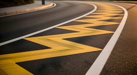 Poster - A Close-Up of Yellow Zigzag Road Markings on Asphalt Curves and Sharp Angles