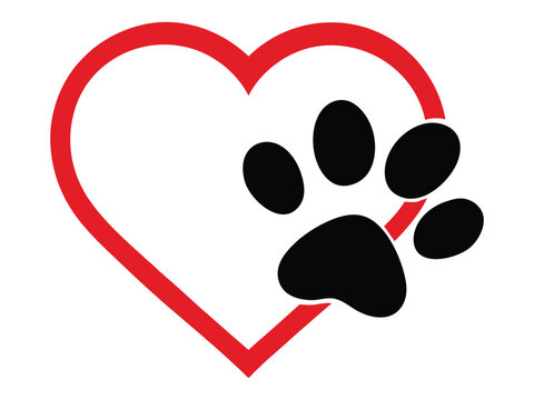 Minimalistic vector black paw print overlapping with a red heart outline illustration