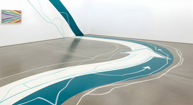 Artistic Interior Space Featuring an Arrow Design on the Floor and Wall Installation