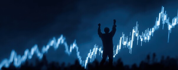 Poster - Silhouette of a victor before a rising stock market graph at night