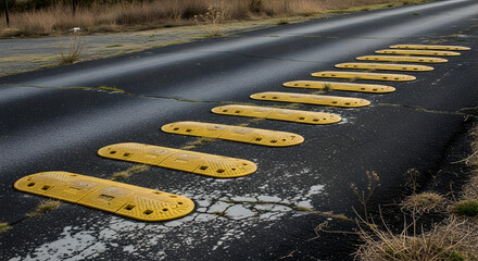 Poster - A desolate stretch of asphalt road punctuated by a series of yellow speed bumps emphasizing dilapidation