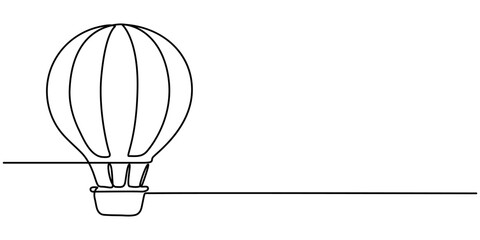 Leinwandbilder -  Air Balloon in one continuous line drawing, Minimalist black linear design isolated on white background, concept in simple linear style. Editable stroke. Vector Illustration, Travel flying on. 