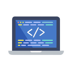 Laptop with Code on Screen Flat Vector Illustration