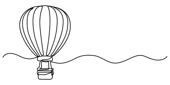  Air Balloon in one continuous line drawing, Minimalist black linear design isolated on white background, concept in simple linear style. Editable stroke. Vector Illustration, Travel flying on. 