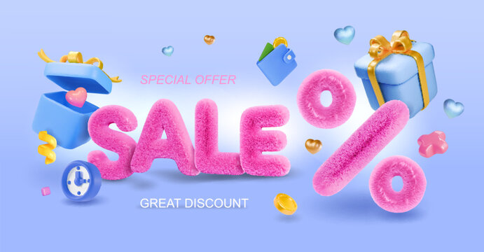 Sale cute text on blue background. Realistic 3d design gift boxes, shopping bags. Decorative confetti festive elements, present box surprise Vector illustration