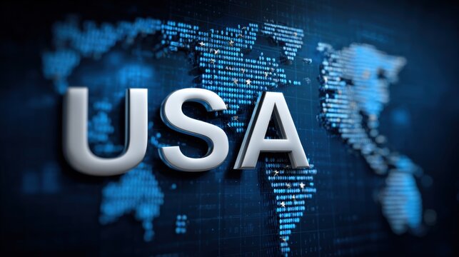 3D Text USA Over a Blue Digital World Map in Technology Background