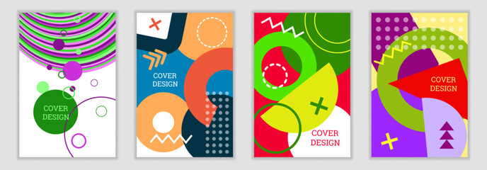 Poster - Bright background in Memphis style. Set of geometric cover designs. Fashionable bright cover, banner, poster, booklet. Bright colors. Vector