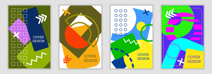 Poster - Bright background in Memphis style. Set of geometric cover designs. Fashionable bright cover, banner, poster, booklet. Bright colors. Vector