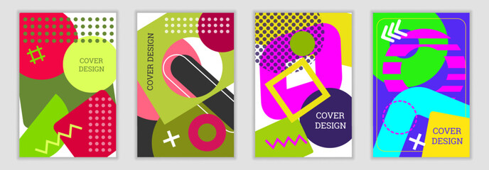 Poster - Bright background in Memphis style. Set of geometric cover designs. Fashionable bright cover, banner, poster, booklet. Bright colors. Vector