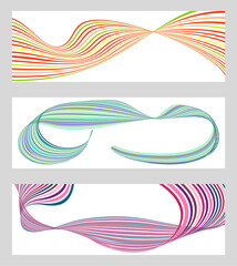Poster - Wavy lines or ribbons. Set of 3 backgrounds. Multicolored striped gradient. Creative unusual background with abstract gradient wave lines to create a trendy banner, poster. vector eps