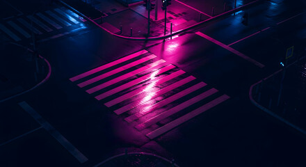 Poster - A mesmerizing nightscape urban scene featuring a crosswalk illuminated by neon light