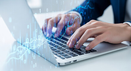 Poster - Close-up of hands typing on laptop keyboard, overlaid with digital graph and binary code, symbolizing data analysis, financial technology, or online trading