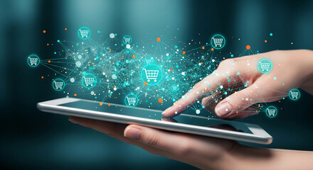 Poster - Hand interacts with tablet displaying network of shopping cart icons, symbolizing online shopping, e-commerce, global reach, and digital marketplace