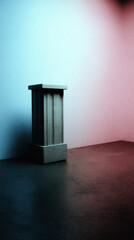Poster - A gray stone pedestal with vertical grooves under blue and pink lighting in corner room