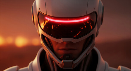 Poster - Close-up of futuristic helmet with red visor light, set against a sunset backdrop.  Symbolizes technology, exploration, and a sense of mystery.