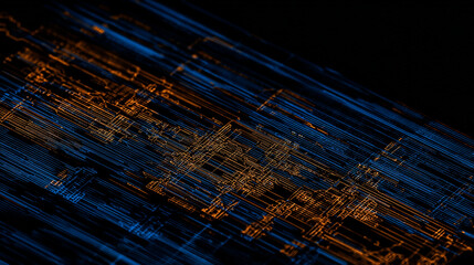 Poster - Abstract image of a circuit board with blue and orange lines on a dark background