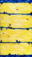 Poster - Abstract painting featuring horizontal blue lines on a yellow background with red spots