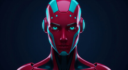 Poster - Close-up of a crimson female robot head and shoulders, teal accents, dark background, futuristic concept, representing artificial intelligence or technological advancement