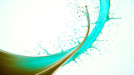 Poster - A teal and gold liquid splash in a curved shape against a white background with droplets