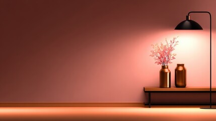 Poster - Modern interior scene featuring a stylish lamp and vases with flowers against a pink wall