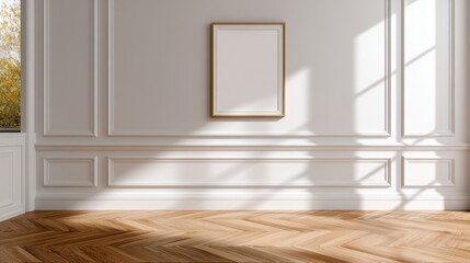 Poster - Bright and airy interior with empty frame on wall, showcasing sunlight and wooden flooring